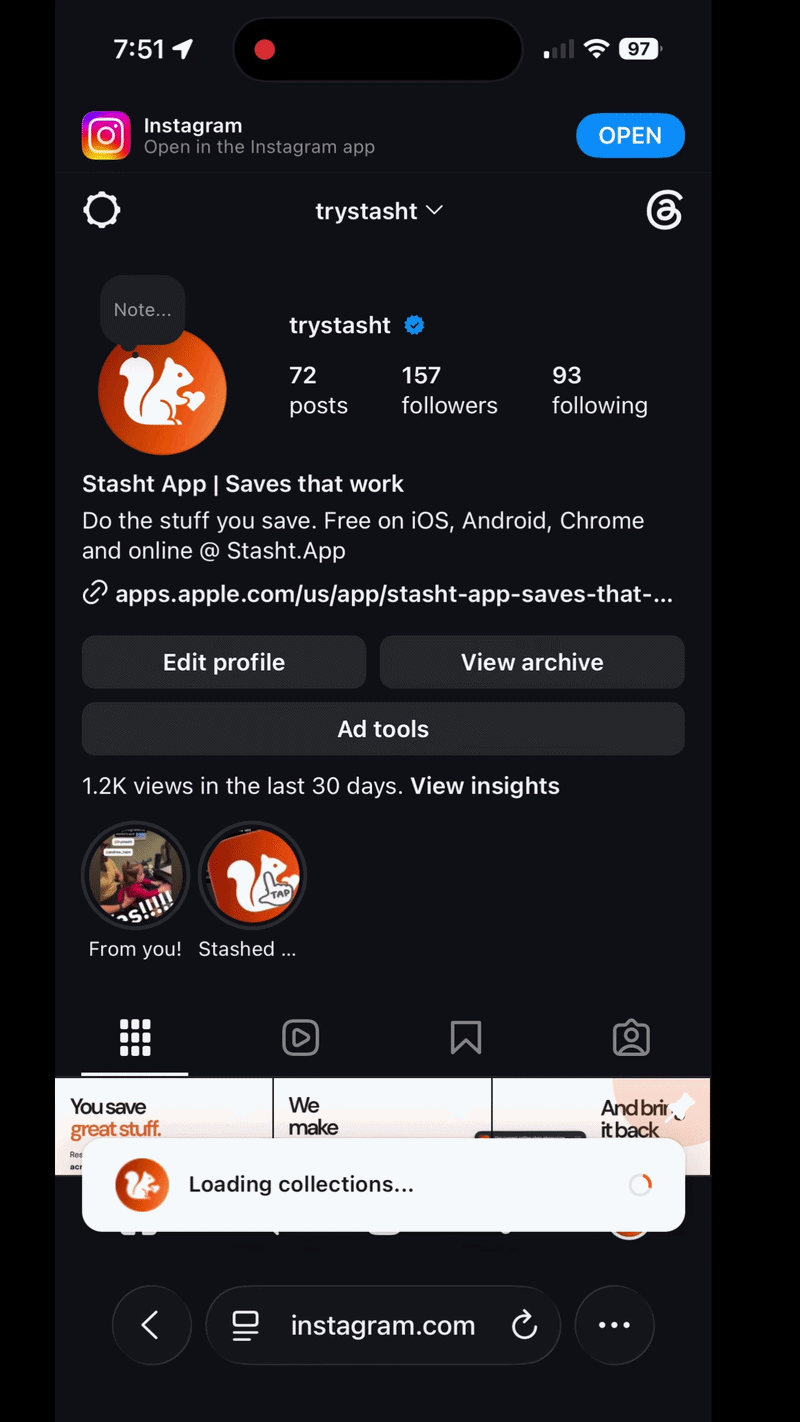 Demo of Stasht App for Safari saving an Instagram post into Stasht
